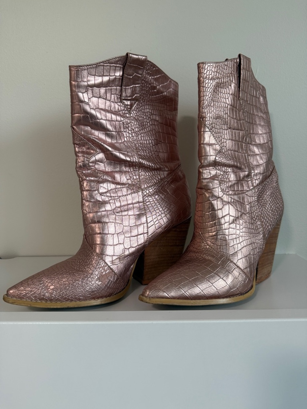 Metallic Rose Pointed-Toe Croc-Embossed Ankle Boots